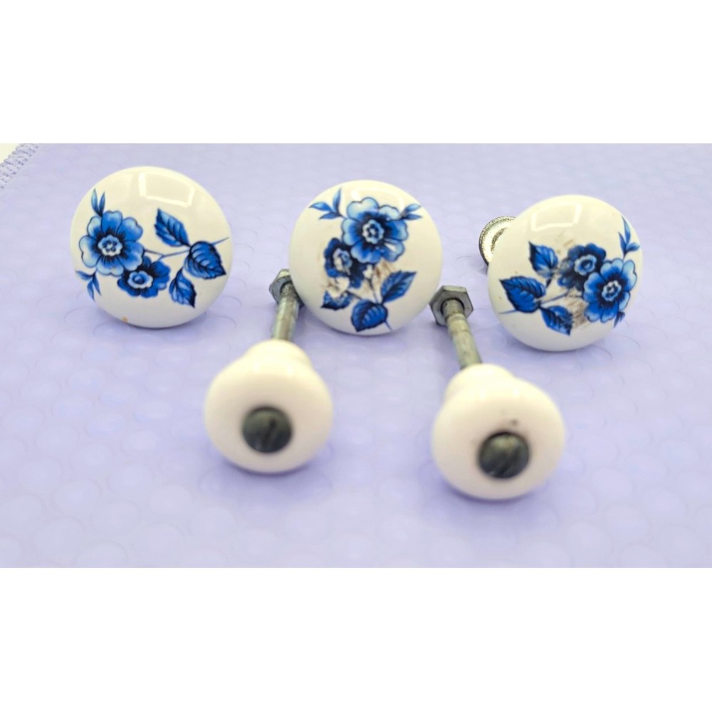 5 White & Blue Floral Ceramic Cabinet Knobs Round Vintage 3 Are 1.5in w/ Screws
